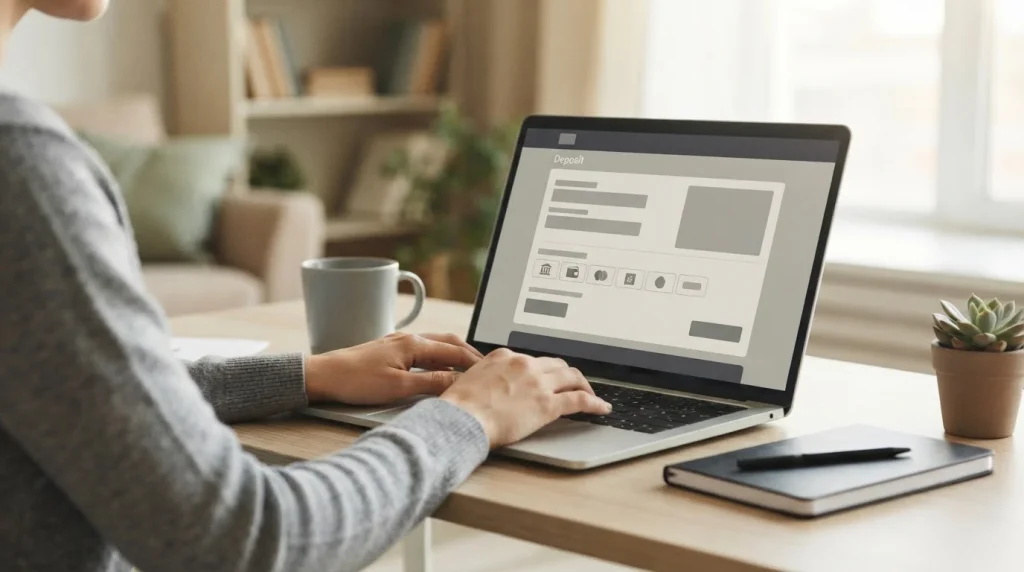 Laptop mit neutraler Wettplattform-Oberfläche und Einzahlungsbereich auf hellem Schreibtisch
