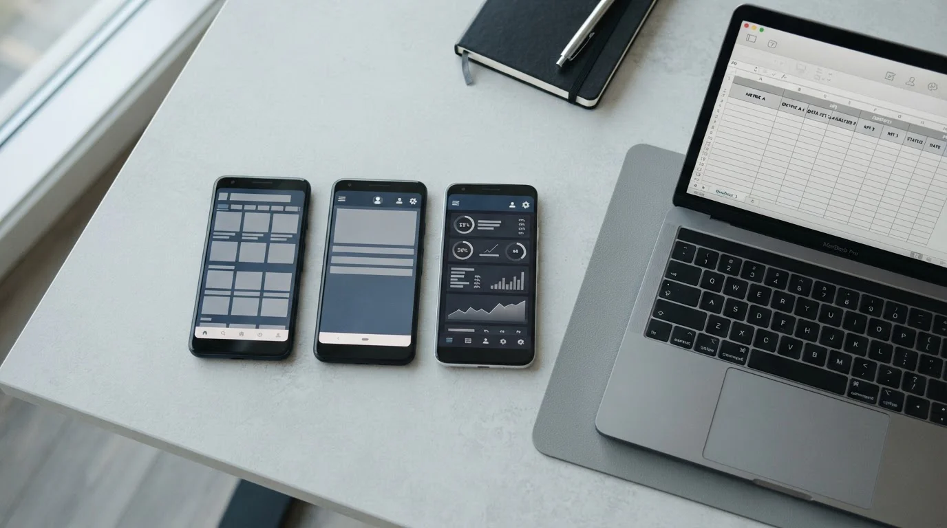 Mehrere Smartphones und Laptop zeigen Vergleichstabelle verschiedener Sportwetten-Apps