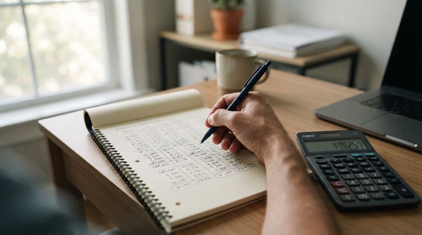 Taschenrechner und handschriftliche Berechnung von Bonusumsatzbedingungen