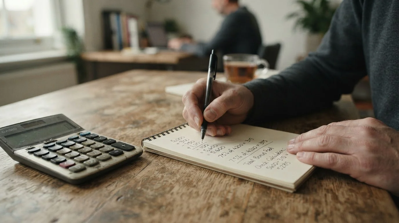 Notizblock mit handschriftlicher Bonusberechnung