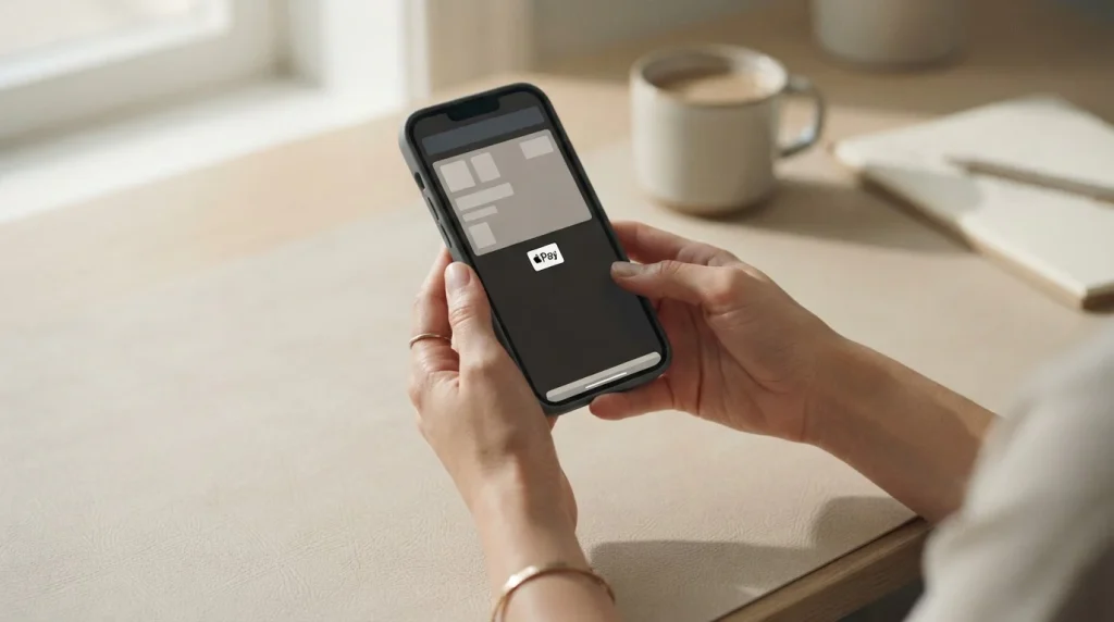 Person nutzt Apple Pay für Online-Wetten auf einem Smartphone in ruhiger Umgebung