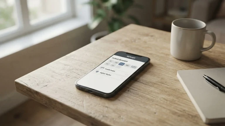 Smartphone mit Einzahlungsoptionen auf neutraler Wett-App vor hellem Hintergrund