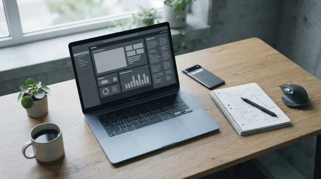 Laptop und Smartphone auf aufgeräumtem Schreibtisch für digitale Zahlungsmethoden-Vergleich