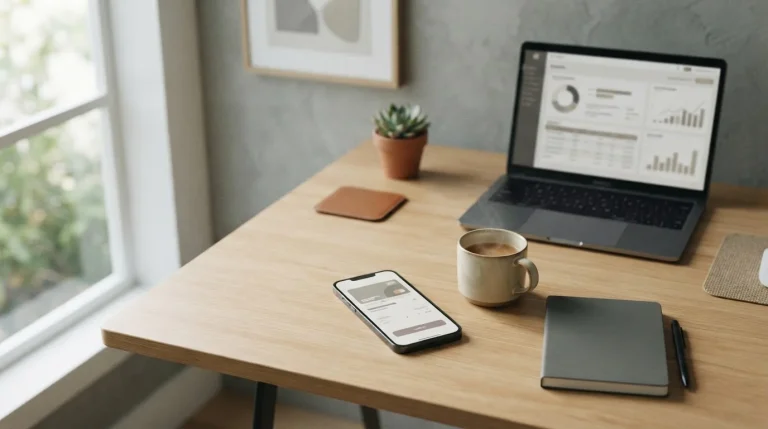 Smartphone mit mobiler Zahlungsschnittstelle auf Schreibtisch neben Laptop in gedämpfter Arbeitsumgebung