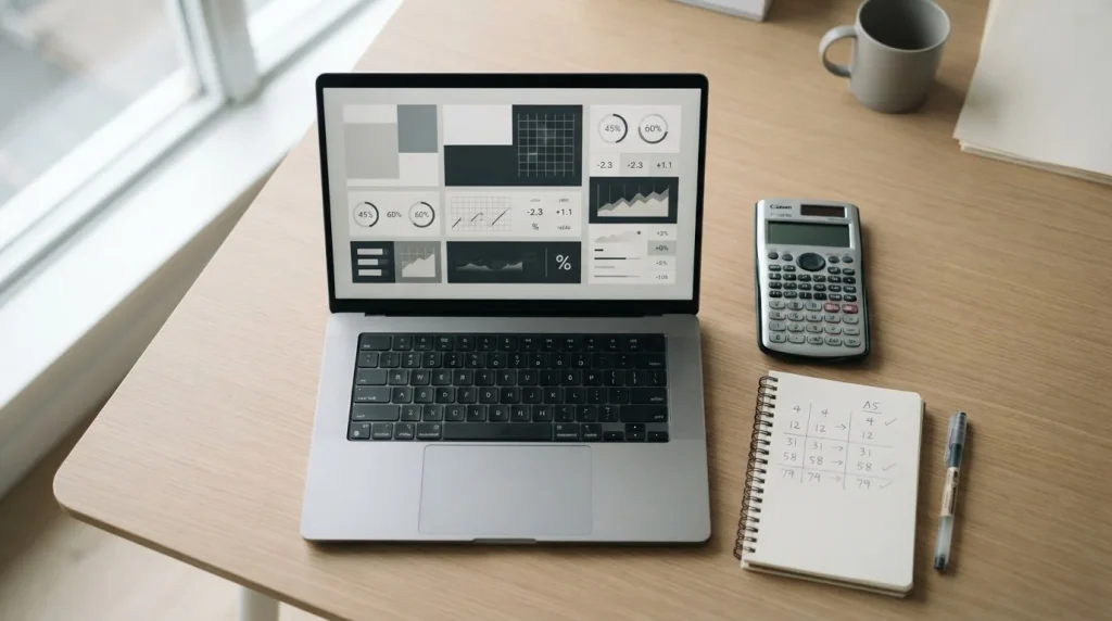 Laptop mit neutraler Wett-Plattform und Taschenrechner auf aufgeräumtem Schreibtisch