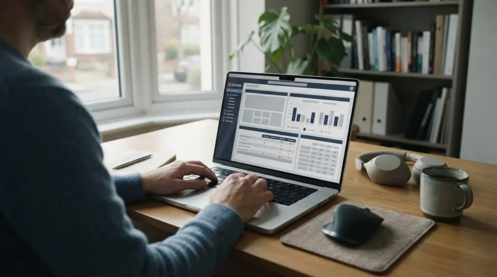 Laptop-Bildschirm mit neutraler Wettplattform-Oberfläche auf Schreibtisch, symbolisiert Recherche zu Offshore-Wettanbietern