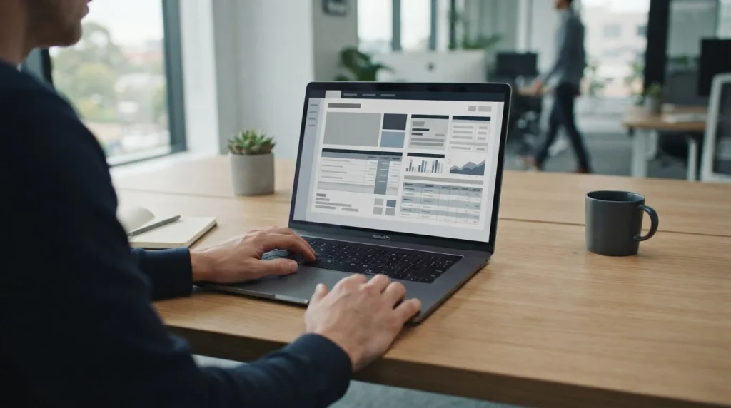 Laptop mit neutraler Wettplattform-Oberfläche auf Schreibtisch, symbolisiert Wahl zwischen regulierten und Offshore-Wettanbietern