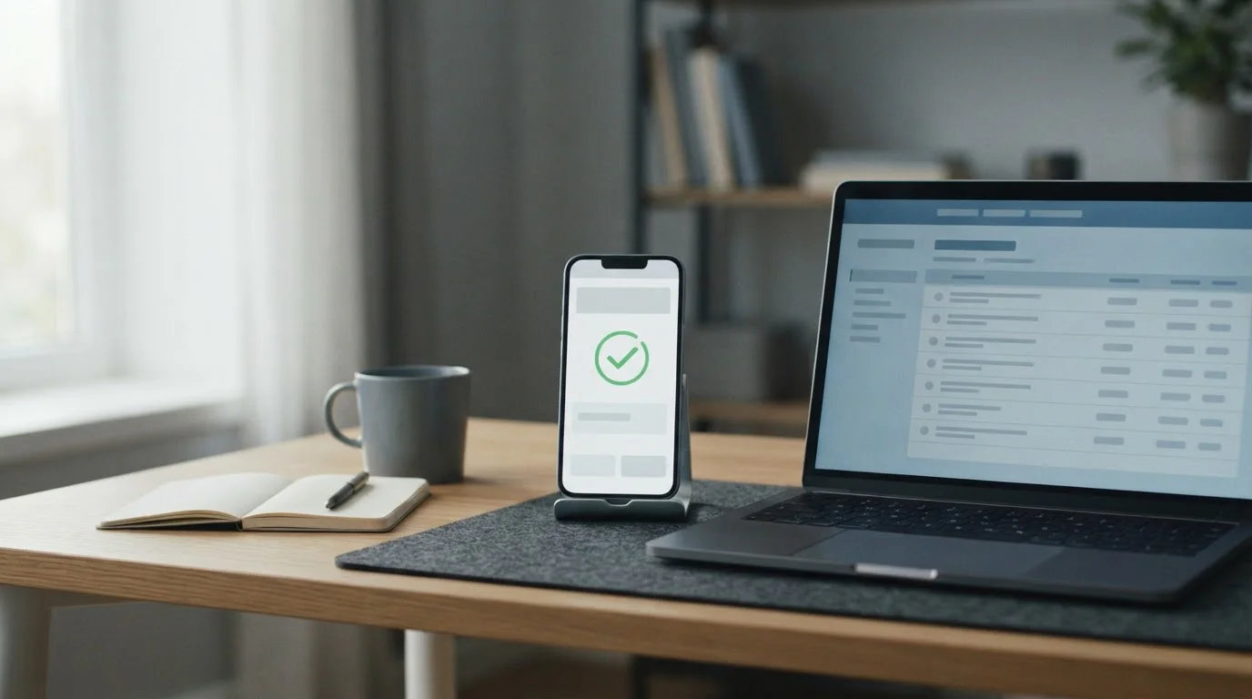 Smartphone zeigt Zahlungsbestätigung neben Laptop mit Bankkonto-Ansicht