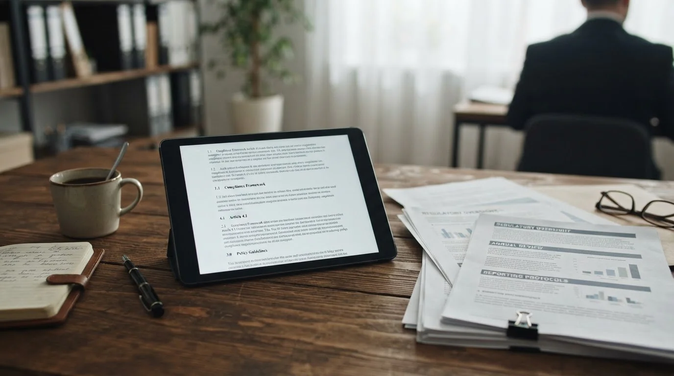 Offizielle Dokumente und Tablet mit Informationen zum deutschen Glücksspielrecht