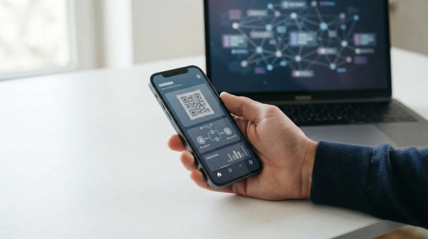 Smartphone mit abstrakter Krypto-Wallet-Oberfläche und symbolischer Blockchain-Darstellung