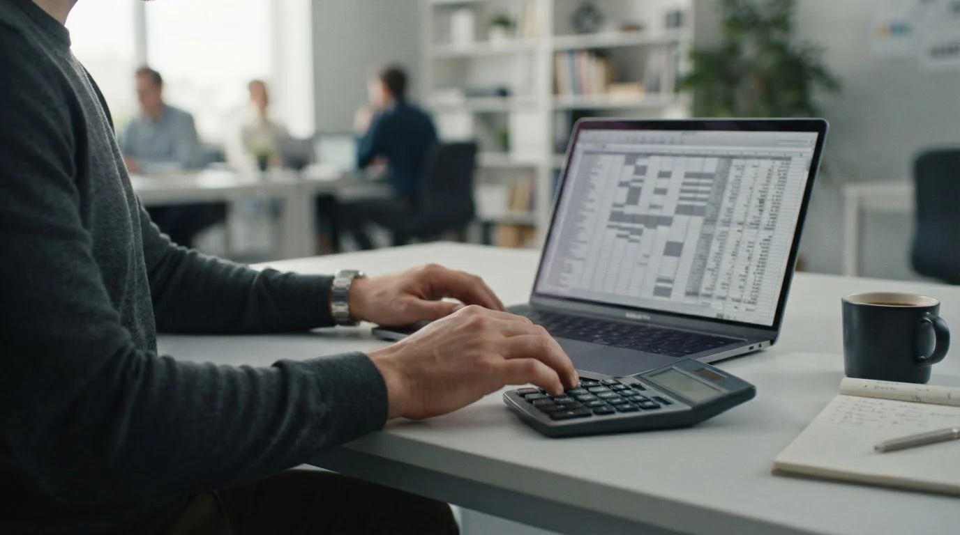 Hände an Taschenrechner vor Laptop mit Tabellenkalkulation, zeigt Kostenanalyse des LUGAS-Systems