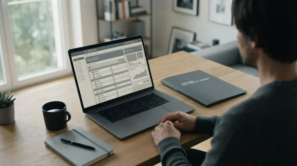 Laptop mit regulierter Wettplattform auf modernem Schreibtisch