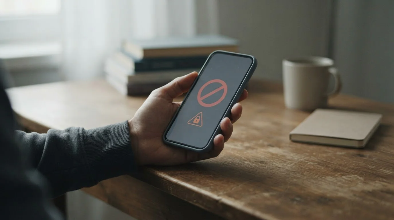 Hand an Smartphone mit Sperrsystem-Warnung, symbolisiert Risiken der OASIS-Umgehung