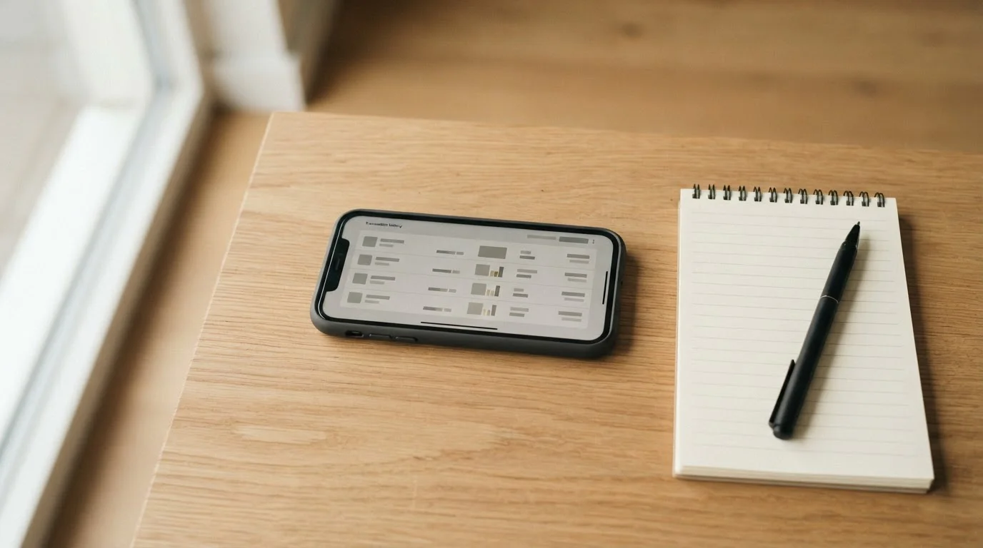 Smartphone mit neutraler Transaktionsübersicht auf einem Schreibtisch neben einem Notizblock