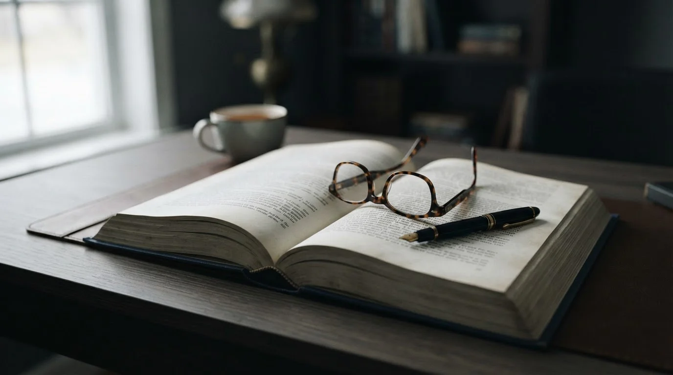 Aufgeschlagenes Gesetzbuch mit Brille und Stift auf einem aufgeräumten Schreibtisch