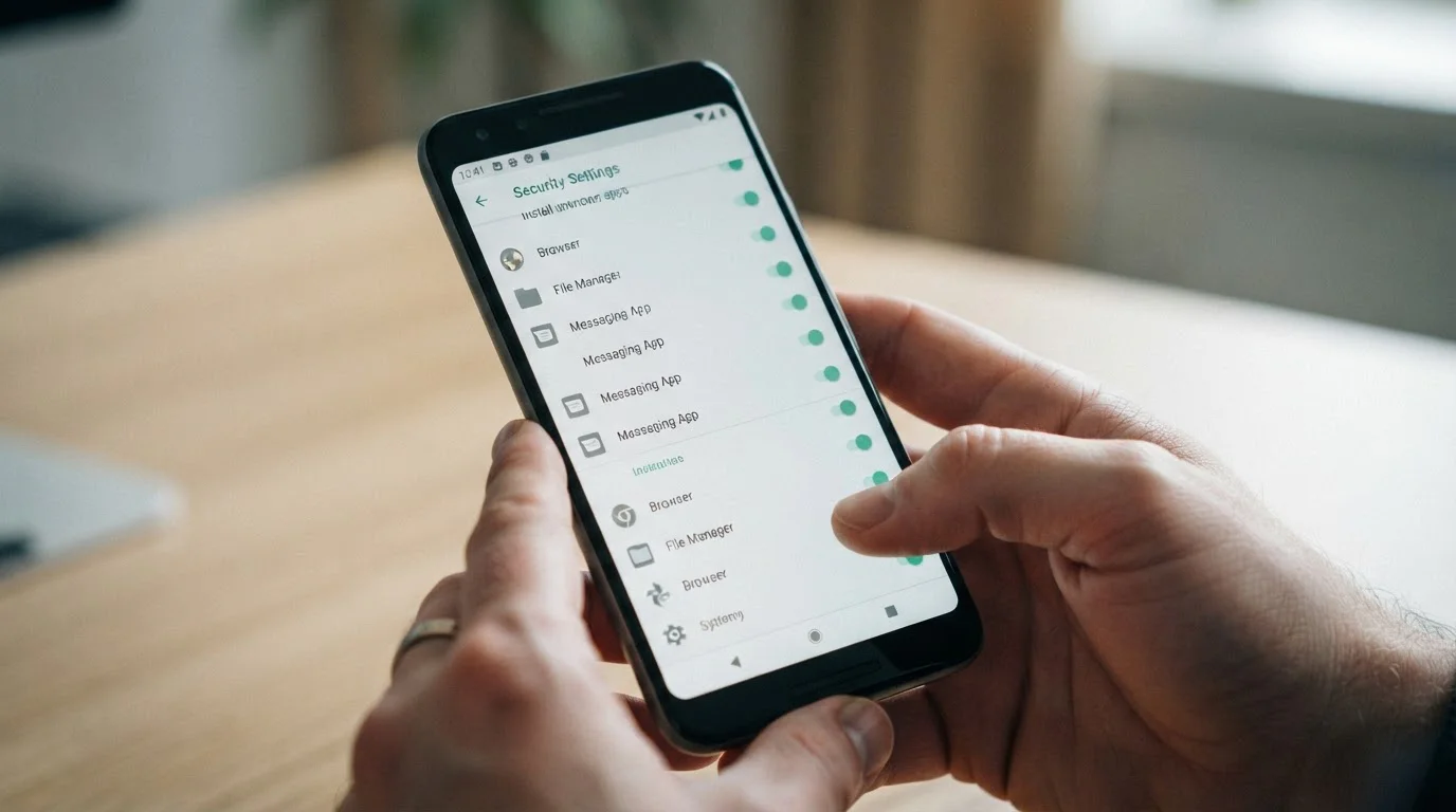 Smartphone-Bildschirm zeigt Sicherheitseinstellungen und Download-Optionen für Android-Apps