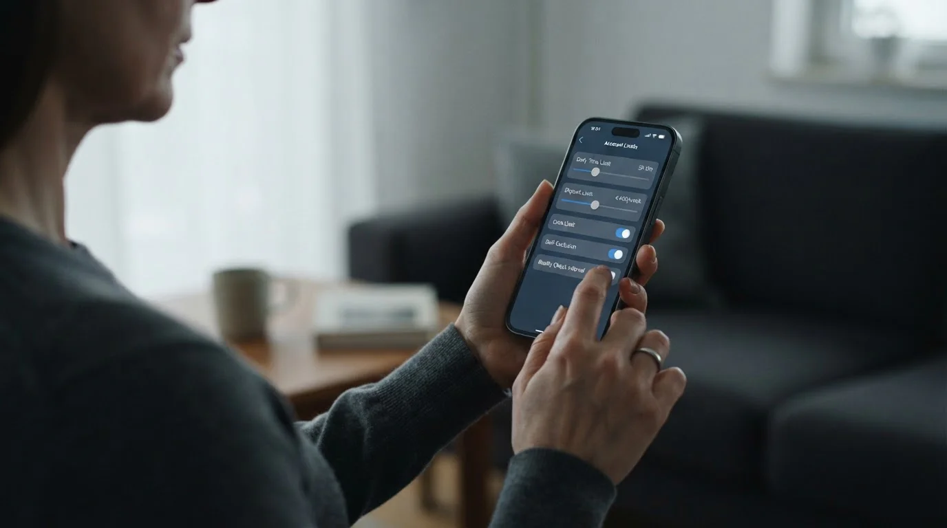 Hand setzt Limits auf einem Smartphone für verantwortungsvolles Spielen