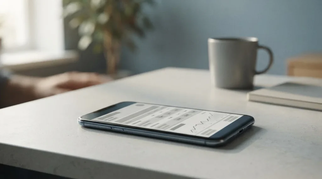 Android-Smartphone mit neutraler Sportwetten-App-Oberfläche auf modernem Schreibtisch