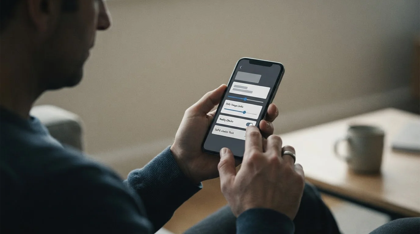 Person setzt persönliche Limits in neutraler App-Oberfläche für verantwortungsvolles Wetten