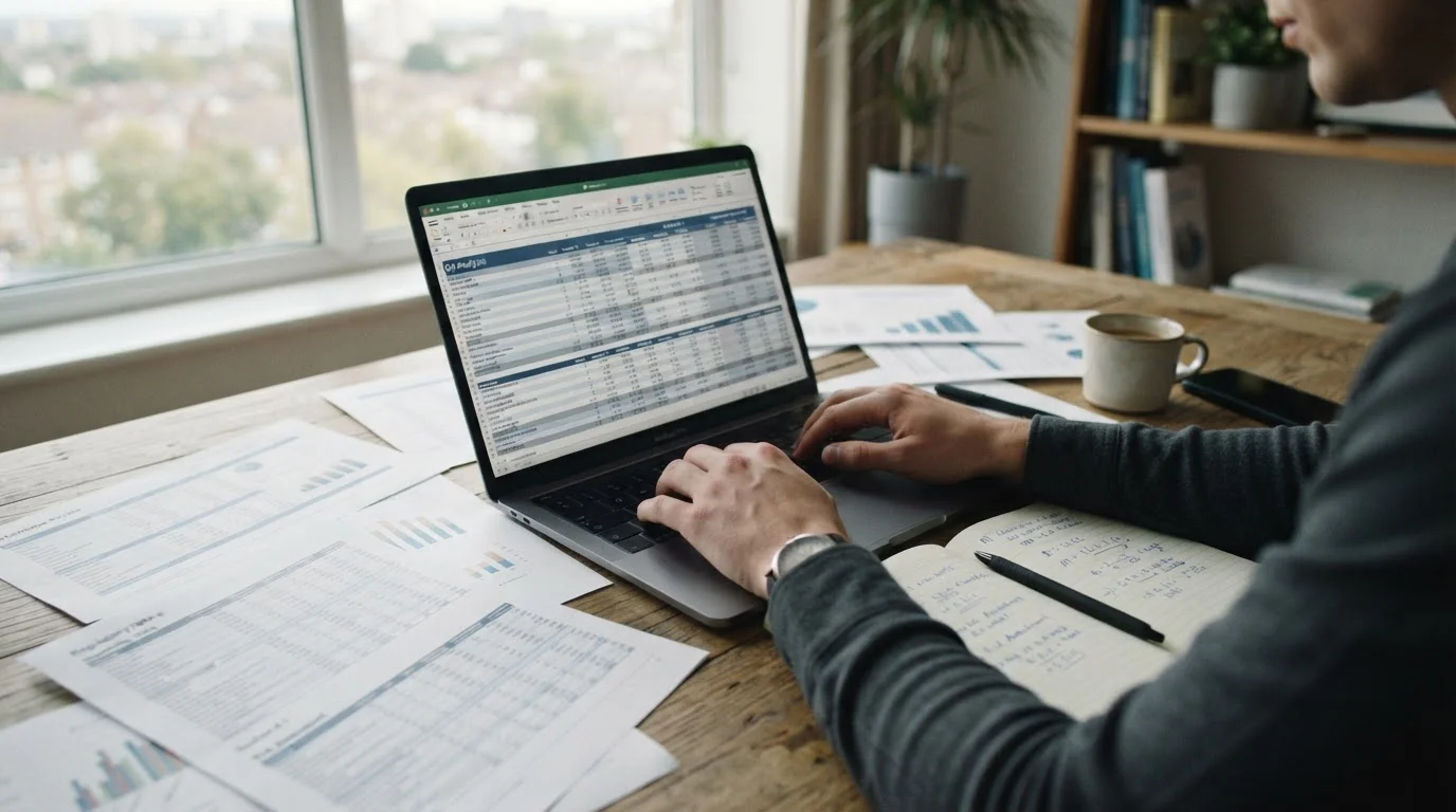 Arbeitsplatz mit Laptop und Notizen für den systematischen Vergleich von Wettanbietern