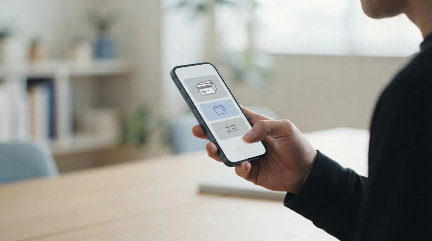 Smartphone-Display mit abstrakter Zahlungsmethoden-Auswahl auf hellem Untergrund