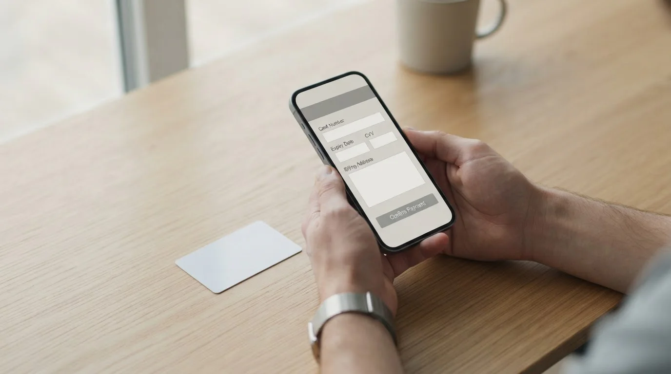 Hände halten Smartphone mit Zahlungsmaske, Kreditkarte liegt auf dem Tisch daneben